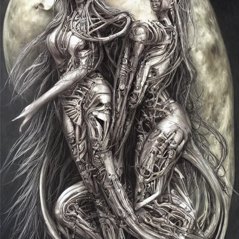 Image similar to beautiful biomechanical moon goddess, flowing hair, intense stare, sweet smile, concept art, realistic oil painting by h. r giger,