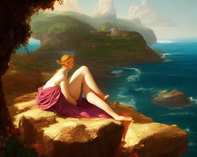 Image similar to a painting of a woman sitting on a rock overlooking an island, a digital painting by thomas cole, cgsociety, metaphysical painting, 2 d game art, storybook illustration, detailed painting