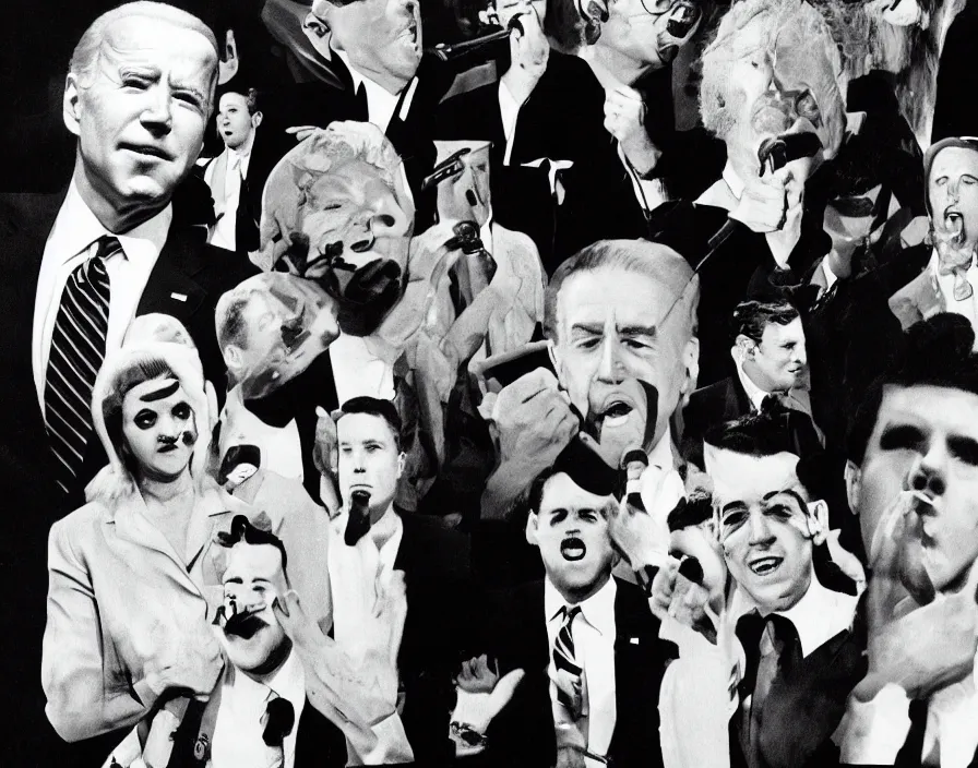 Prompt: joe biden pop band, detailed facial expressions, 1 9 6 0 surrealism aesthetic