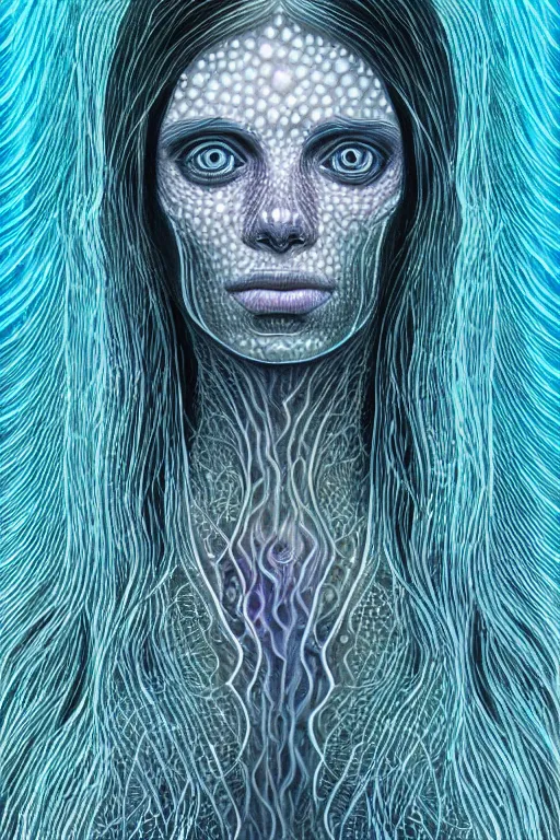 Prompt: dark underwater portrait of a Bioluminescent ancient woman, with reaction diffusion semi-transparent skin. face closeup. long intricate dark hair, with jellyfish. very high detail, illustration, by alex grey and Ilya Kuvshinov