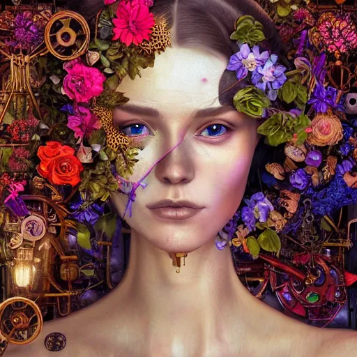 Image similar to a beautiful intricate fine art portrait photo of a farewell moment between lovers, a mechanical industrial steampunk cybernetic robot and a human overgrown with colorful flowers and leaves by tom bagshaw and zach sutton, golden ratio composition, studio lighting, 50mm lens, very detailed, bionic, cybernetic scifi, deep depth of field, artstation, 8K, highly coherent