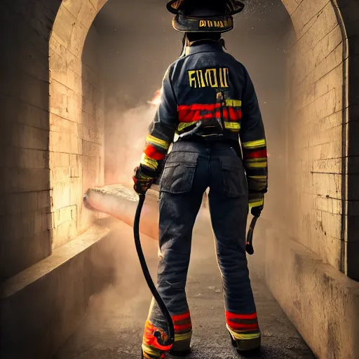 Image similar to full body pose, hyperrealistic photograph of female fireman, dim volumetric lighting, 8 k, octane beautifully detailed render, extremely hyper detailed, intricate, epic composition, cinematic lighting, masterpiece, trending on artstation, very very detailed, stunning, hdr, smooth, sharp focus, high resolution, award, winning photo, dslr, 5 0 mm