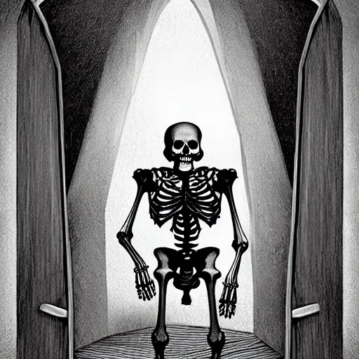 Image similar to storybook illustration of an open wardrobe revealing the entrance to a fantastic world featuring surreal horror skeleton, storybook illustration, monochromatic