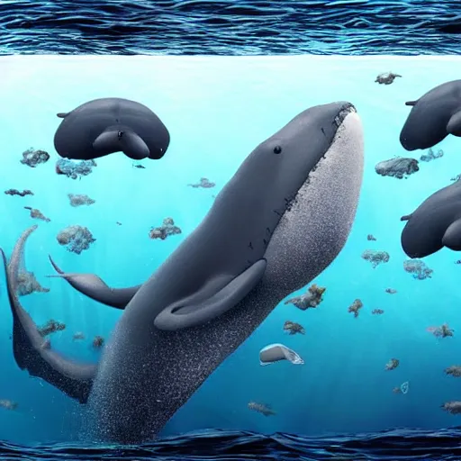 Image similar to ultra realistic underwater photography, panoramic picture of an ocean floor with a few baluga whales. focus on the whales. the whales are anatomically correct and highly detailed. lots of bubbles. seaweed and some rocks. gloomy scattered light entering from the water surface, artstation, 8 k