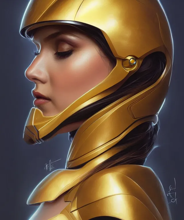 Image similar to futuristic woman in helmet portrait, sci-fi, amber eyes, face, long hair, fantasy, intricate, elegant, highly detailed, digital painting, artstation, concept art, smooth, sharp focus, illustration, art by artgerm and greg rutkowski and alphonse mucha