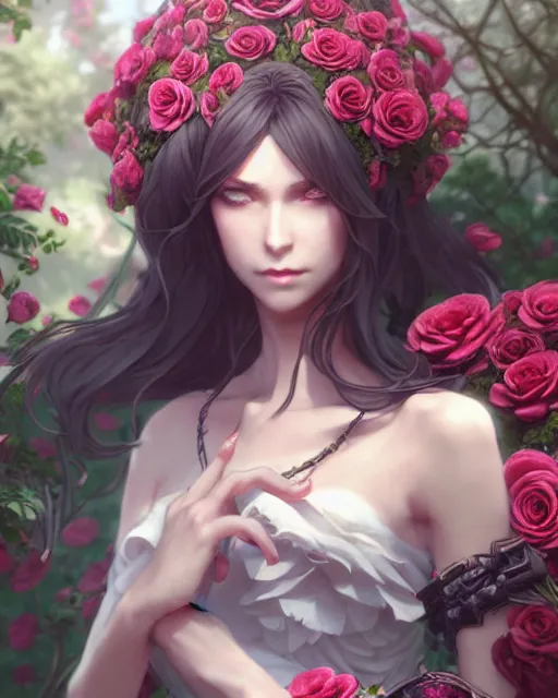 Image similar to an elegant lady surrounded by skulls in a garden full of roses, final fantasy, cushart krenz, cushart krenz, very detailed, realistic face, detailed face, matte, tonemapping, perfection, 4 k,