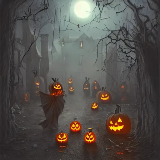 Image similar to a creepy and eery Halloween setting, with Jack o lanterns on the street and shadow figures lurking about, dynamic lighting, photorealistic fantasy concept art, stunning visuals, creative, cinematic, ultra detailed, trending on art station, spooky vibe