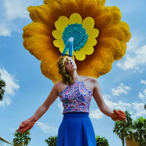 Image similar to giant flower head, full body, girl standing in mid century hotel, surreal, symmetry, bright colors, blue sky, cinematic, wes anderson