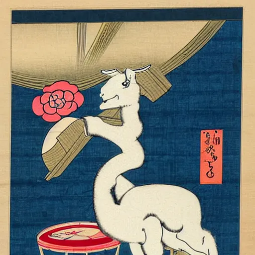 Image similar to ukiyo-e painting of an elegant llama bowing in front of a Geisha