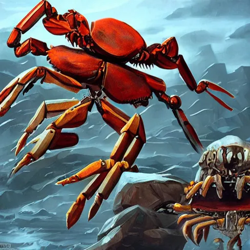 Prompt: giant mechanical crab crushing a goblin in its claws, fantasy art, epic, cinematic, dnd