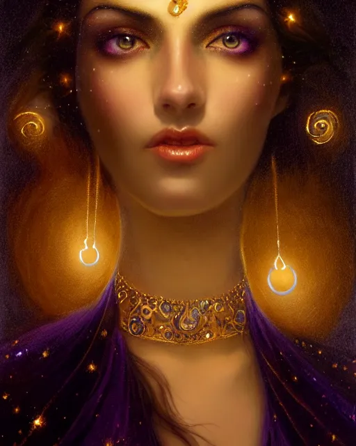 Image similar to Nocturne, glowing, stars, a portrait of a beautiful female shadow djinn with jeweled collar, long hair, glowing eyes, highly detailed, mysterious, ethereal, dressed in velvet and gold jewelry, haute couture, illustration, dramatic lighting, painting, by Edmund Blair Leighton, Brom, Charlie Bowater, trending on artstation, faces by Tom Bagshaw, otto schmidt