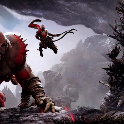 Prompt: screenshot of the game God of War with Kratos fighing a Rhinoceros beetle kaiju | Sony Pictures official media