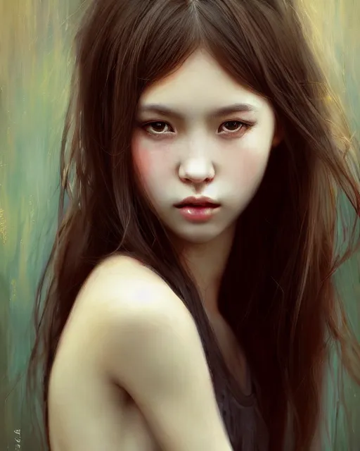 Prompt: girl portrait by wlop and mark brooks, vivid, aesthetic, fine details, realistic eyes, masterpiece, busy background, bokeh, depth of field