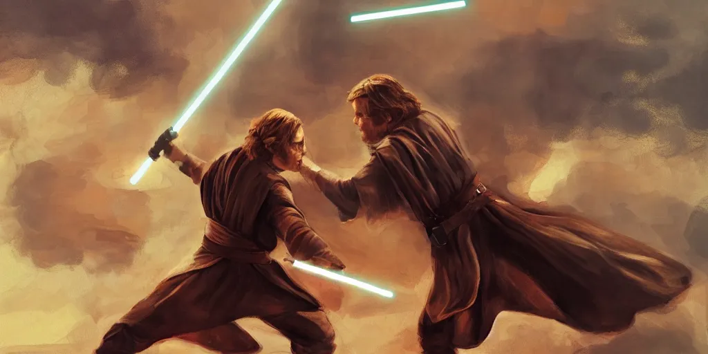 Image similar to painting of anakin skywalker and obi wan kenobi duel, mustafar, deviantart, canvas painting, detailed environment, painting, art, futuristic, dark, sharp focus, smooth, environment, star wars