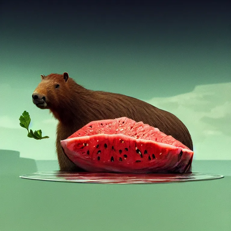 Image similar to a capybara floating in the oceon resting its head on a watermelon cut in half, octane render, trending on artstation, greg rutkowski very coherent symmetrical artwork. cinematic, hyper realism, high detail, octane render, 8 k