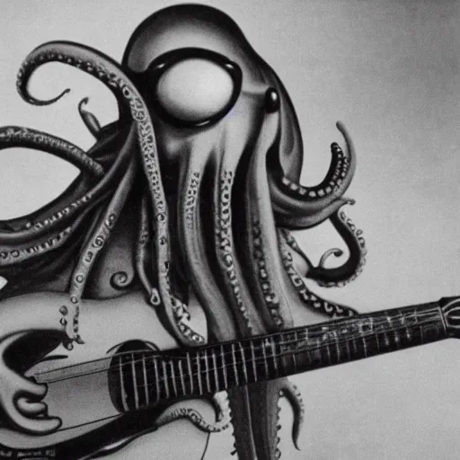 Prompt: vintage photograph of an octopus playing blues guitar with its tentacles