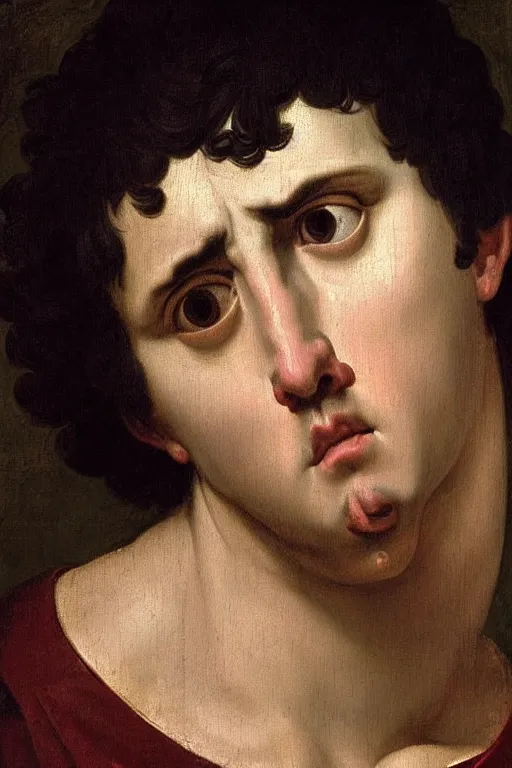 Image similar to renaissance painting of man, short black hair, pleading face, tears dripping from the eyes, emotions closeup, dressed in roman armour, the Eden garden, ultra detailed, art by Guido Reni style, Vincenzo Catena style