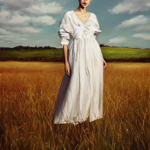 Image similar to a vogue model in a field, oil painting, pale colors, high detail, 8 k, wide angle, trending on artstation,