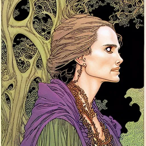 Image similar to a portrait of natalie portman as a druidic wizard by rebecca guay, michael kaluta, charles vess and jean moebius giraud