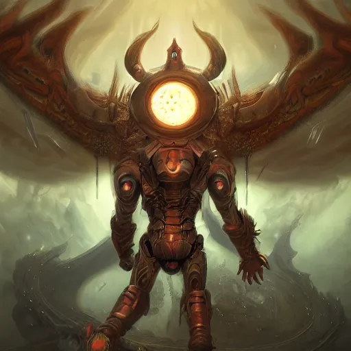 Image similar to A digital intricate illustration concept art of hybrid between baphomet wearing iron man suit inspired art by Renato muccillo and Andreas Rocha and Johanna Rupprecht + dofus colors, wakfu colors + symmetry + greco-roman art, intricate complexity, epic composition, magical atmosphere, highly detailed, cinematic lighting + masterpiece, trending on artstation + 8k