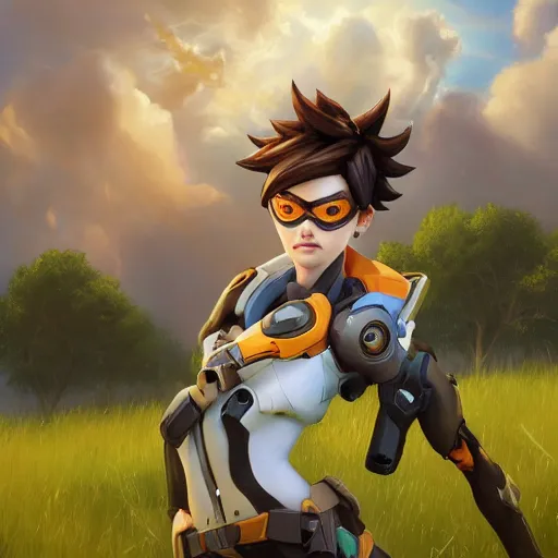 prompthunt: beautiful oil painting of tracer from the game overwatch in the  style of mark arian, standing alone in grassy field, smiling while the sun  shines down, feminine face, light rays, radiant