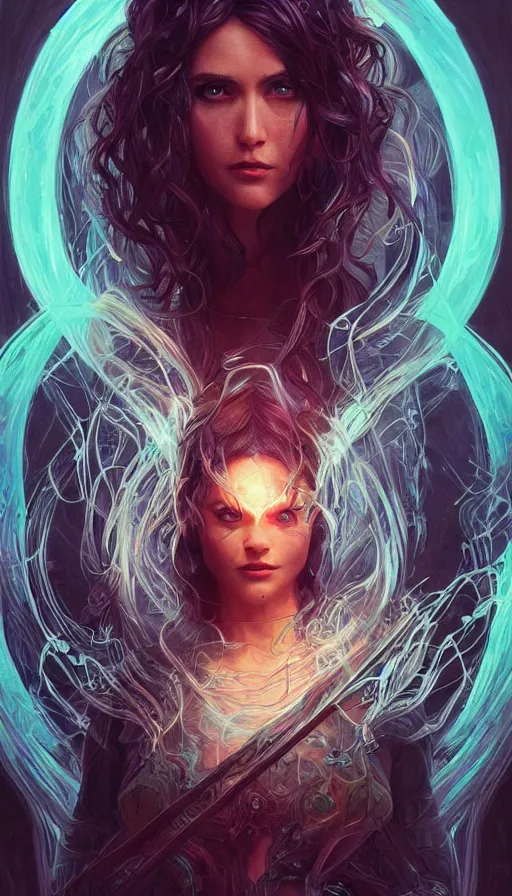 Image similar to string character, furious gorgeous woman, lord of the rings, cyberpunk, neon, fibonacci, sweat drops, insane, intricate, highly detailed, digital painting, artstation, concept art, smooth, sharp focus, illustration, Unreal Engine 5, 8K, art by artgerm and greg rutkowski and alphonse mucha