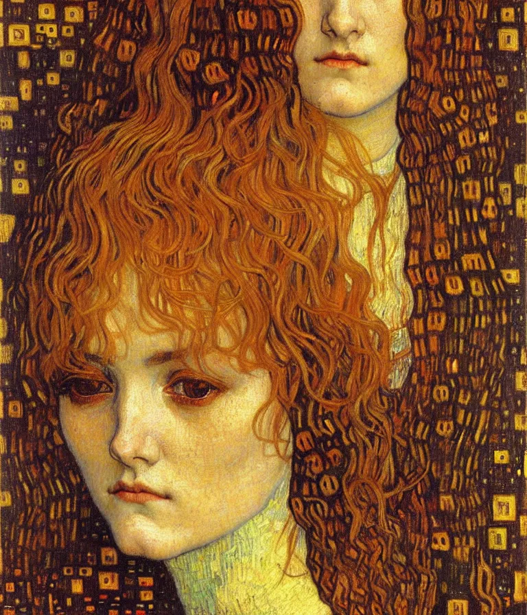 Image similar to detailed realistic beautiful young medieval queen face portrait by jean delville, gustav klimt and vincent van gogh, art nouveau, symbolist, visionary, gothic, pre - raphaelite, muted earthy colors, desaturated