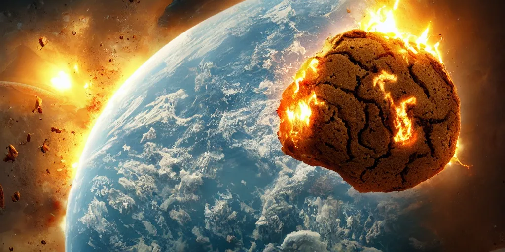 Image similar to Earth being destroyed by a cookie, realistic 4k octane beautifully detailed render, 4k post-processing, highly detailed, intricate complexity, epic composition, magical atmosphere, cinematic lighting, masterpiece, ultra hd
