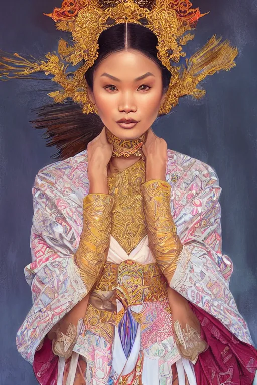 Image similar to portrait of an indonesian supermodels wearing traditional costume, highly detailed, digital painting, artstation, concept art, sharp focus, illustration, art by kittichai rueangchaichan and james gurney and alphonse mucha