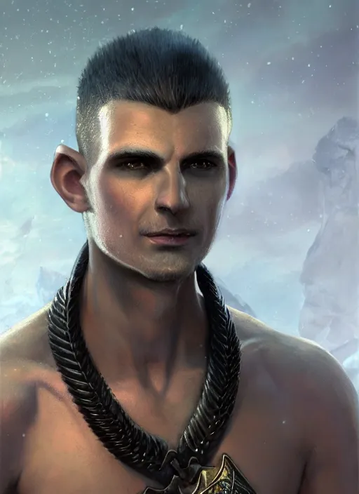 Image similar to buzzcut hair stubble male, aphelios draven, dndbeyond, bright, realistic, dnd character portrait, full body, art by ralph horsley, dnd, rpg, lotr game design fanart by concept art, behance hd, artstation, deviantart, global illumination radiating a glowing aura global illumination ray tracing hdr render in unreal engine 5