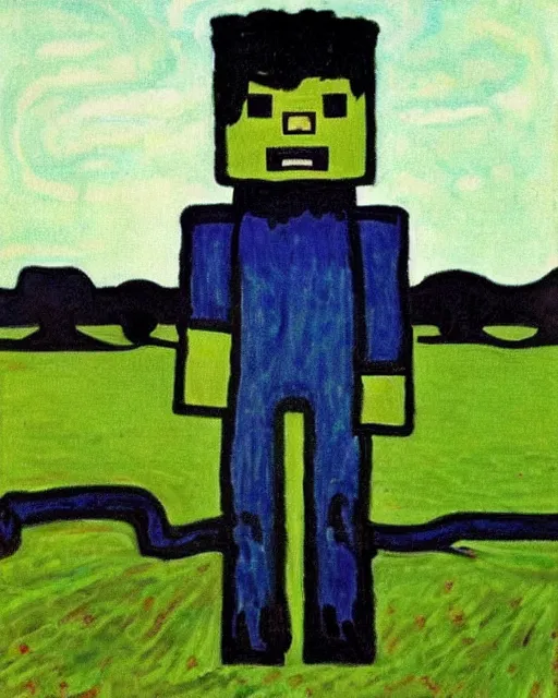 Image similar to minecraft creeper standing in a field by edvard munch