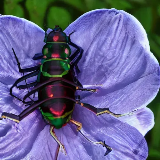 Image similar to rose chafer with quadcopter drone wings creating turbulence above rose flowers black background