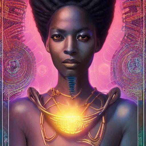 Image similar to highly detailed portrait of an african neon egyptian goddess, intricate alien technology, stephen bliss, unreal engine, fantasy art by greg rutkowski, loish, rhads, ferdinand knab, makoto shinkai and lois van baarle, ilya kuvshinov, rossdraws, tom bagshaw, global illumination, radiant light, detailed and intricate environment