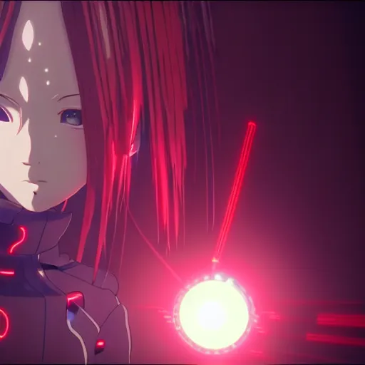 Prompt: anime cyberpunk movie still from the animatrix in the style of arcane : : small female android cyborg - angel, glowing red left eye and glowing blue right eye : : cinematic lighting, advanced digital cyberpunk art : : wlop, rossdraws sakimimichan, ilya kuvshinov, krenz cushart, greg rutkowski