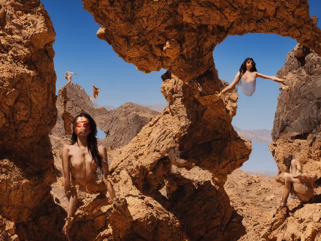 Image similar to levitating women with full - face golden mask and glowing eyes in a dry rocky desert landscape, visible sky and sunny atmosphere, fata morgana giant mirrors by alejandro jodorowsky, anamorphic lens, kodakchrome, cinematic composition, practical effects, 8 k,