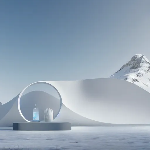 Image similar to perfume bottle standing on a white zen clean modern minimalist white counter in front of large circular portal with mountain view, frozen and covered in ice, by peter tarka and zaha hadid octane highly render, 4 k, ultra hd,