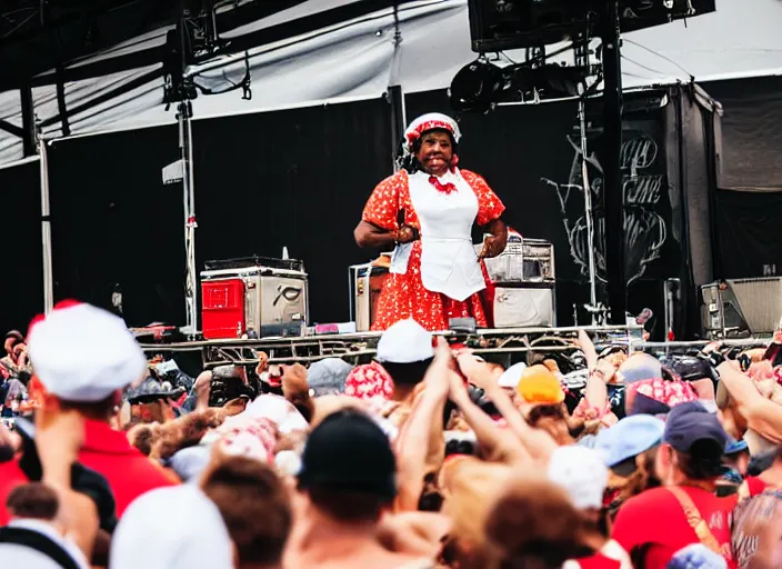 Image similar to photo still of aunt jemima in period attire at vans warped tour!!!!!!!! at age 4 0 years old 4 0 years of age!!!!!!! on stage throwing pancakes to the crowd, 8 k, 8 5 mm f 1. 8, studio lighting, rim light, right side key light