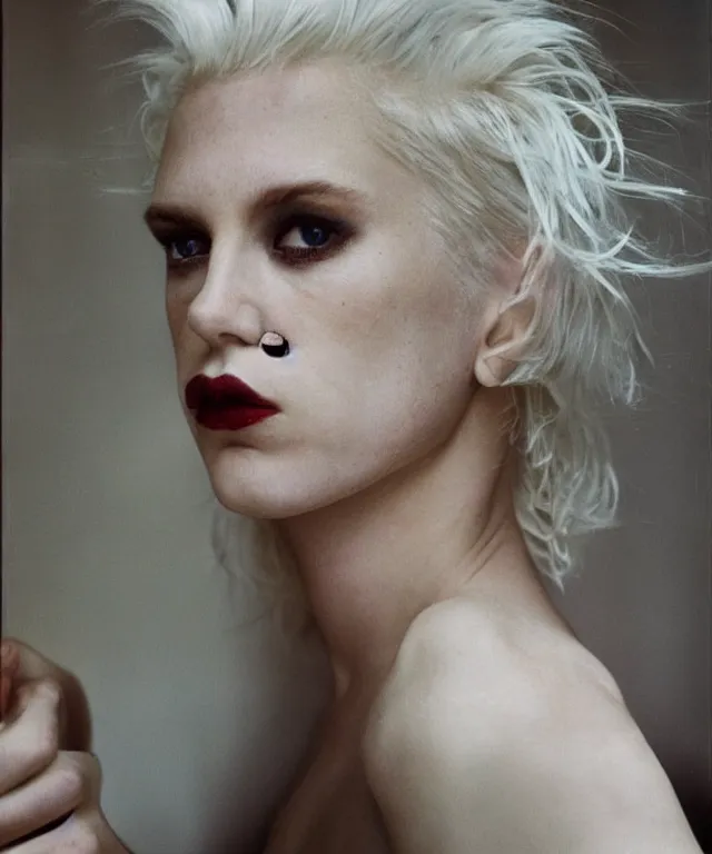 Prompt: a color photograph of a non binary model, platinum blonde, by nan goldin, intense, bold, hyperrealistic, ultra sharp, extra details, ultra high quality, trending on pinteresst