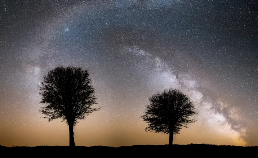 Prompt: night timelapse photography of many stars with a tree in foreground