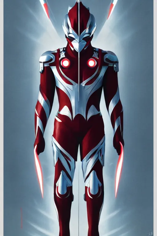 Image similar to poster of a ultraman with japanese armor and helmet, symmetrical, art by greg rutkowski, matte painting, trending on artstation