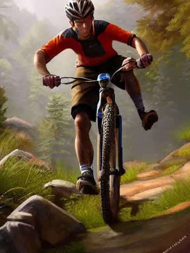 Image similar to handsome man riding a mountain bike in the wild. intricate, elegant, highly detailed, digital painting, artstation, cinematic shot, concept art, sharp focus, illustration, by justin gerard and artgerm, 8 k