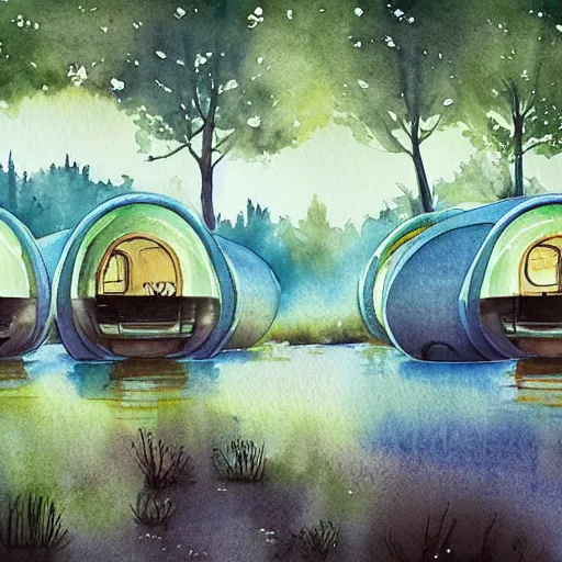 Image similar to beautiful happy picturesque charming organic sci - fi town with pod homes integrated in a forest area. water and trees. beautiful light. soft colour scheme. beautiful artistic detailed watercolor by lurid. ( 2 0 2 2 )