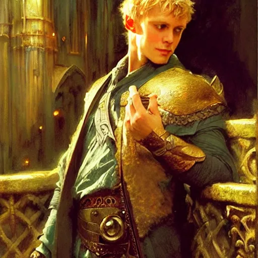 Image similar to handsome arthur pendragon in love with merlin the mage. highly detailed painting by gaston bussiere, craig mullins, j. c. leyendecker