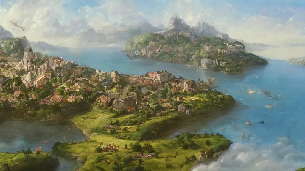 Image similar to floating pastoral island over a hilly European city, trending on art station, oil painting, concept art