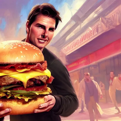 Image similar to portrait photography of Tom Cruise eating a giant hamburger, extra ketchup and mustard with overflowing bacon lettuce and tomato, cinematic lighting, highly detailed, digital painting, artstation, concept art, smooth, sharp focus, illustration, art by Terry Moore and Greg Rutkowski and Alphonse Mucha