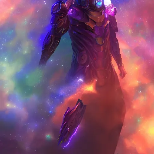 Image similar to photorealistic fantasy cosmic concept art of a cosmic nebula God in dark matter armor hovering in a unknown galaxy, fully body portrait, cinematic, dynamic lighting, ultra detailed, creative, trending on art station