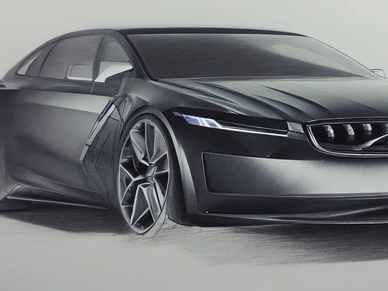 Prompt: angled complete view of a 3 d drawing of a volvo sedan resembling an aston martin, concept analytic drawing, color pencil, by greg rutkowski!