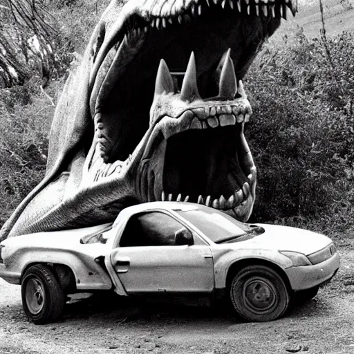 Image similar to dinosaur crushing car, black and white photo