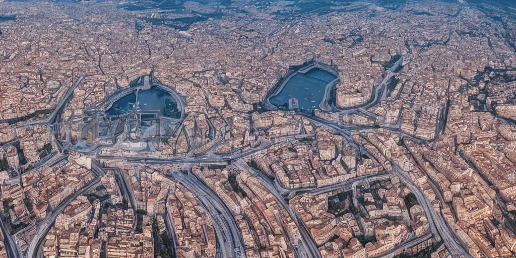 Image similar to utopian city made out of glistening, white marble, fusion between historical and modern futuristic architecture, rome, 4k aerial photo