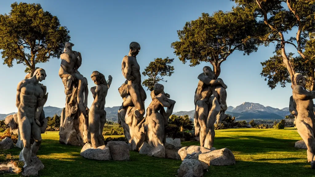 Prompt: a granite sculpture garden by Michelangelo on a green lawn, distant mountains, golden hour, 8k, DSLR Camera, Enormous creatures augment my desire